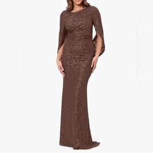 Betsy & Adam “Gina” Glitter Lace Cape Back Gown Brown Women’s Sz 4 NWT